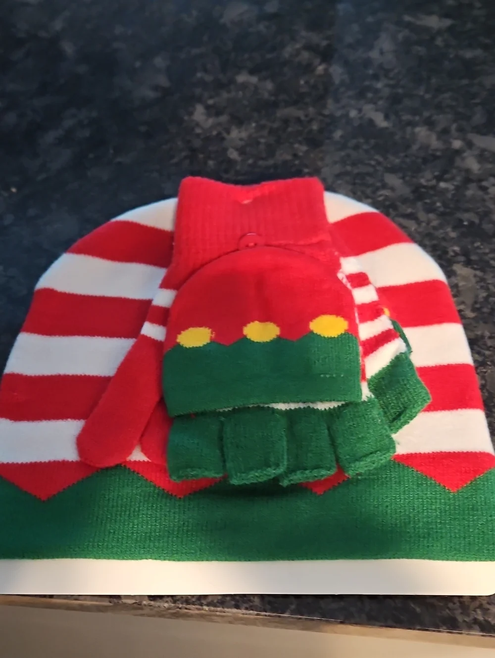 Red, White & Green Elf Stripe Kids Hat and Mittens Set